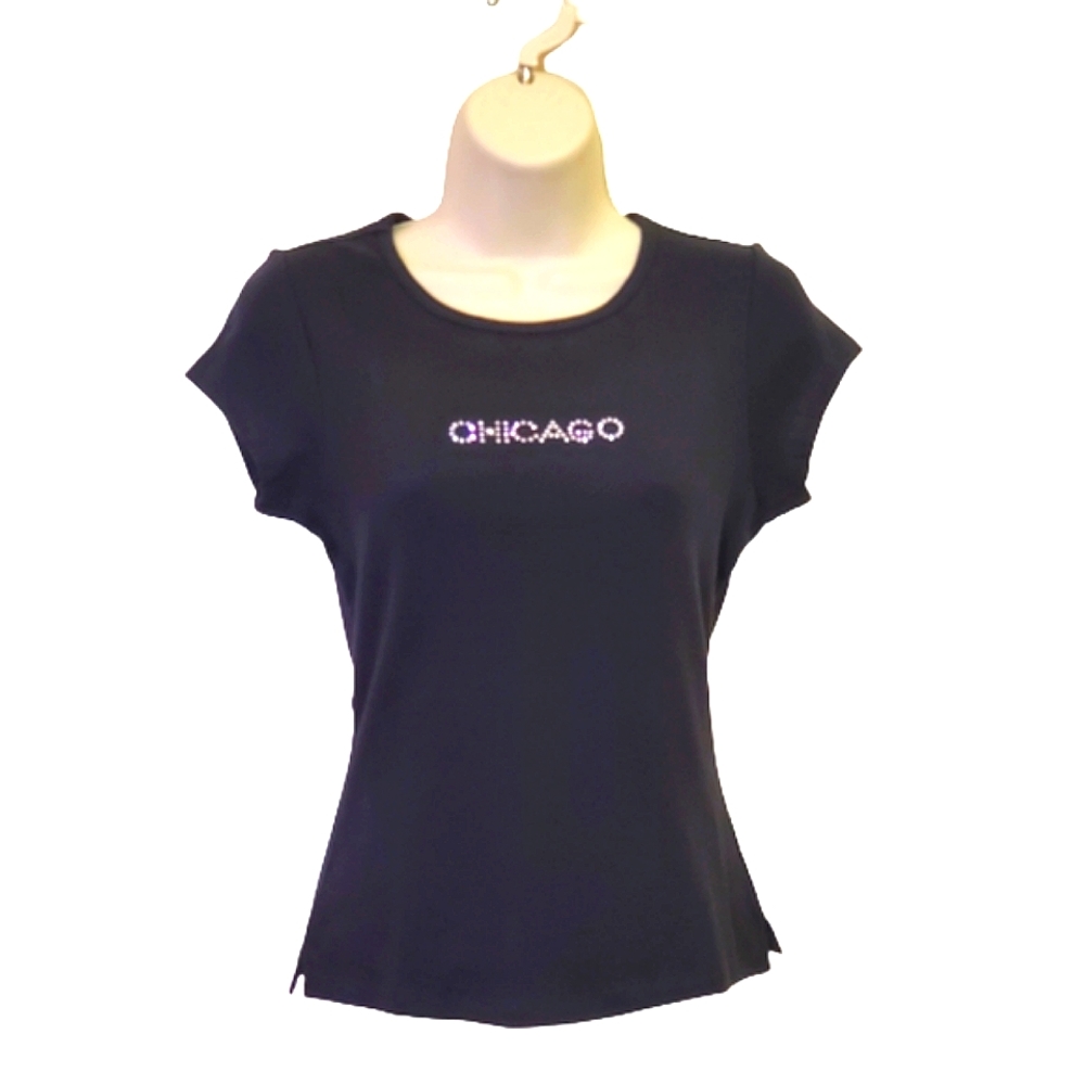 Kavio! "Chicago" Black Rhinestone T-Shirt, Short Sleeve, Size Medium,NWOT